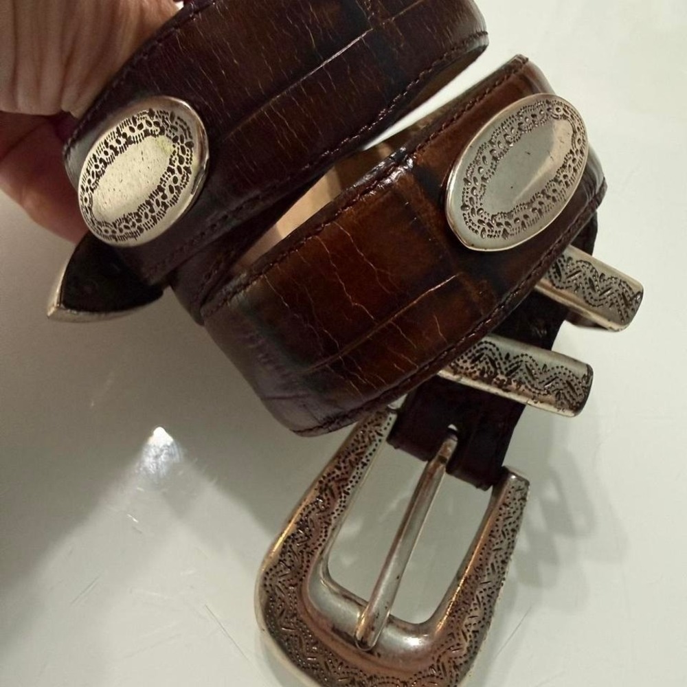 Vintage Fossil Brown Croc Embossed Leather Concho Belt Western Boho Size S/M